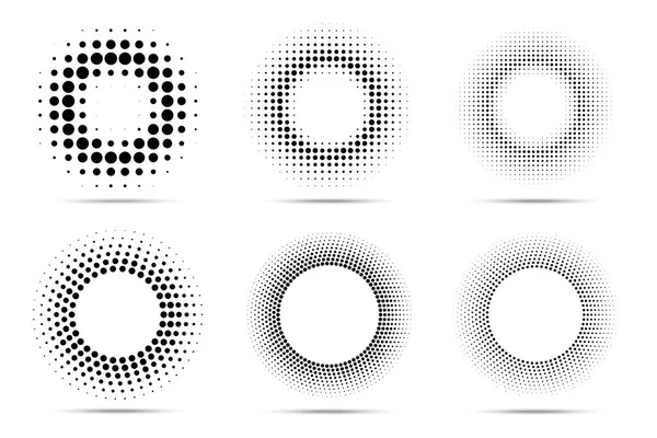 Halftone circular dotted frames set. Circle dots isolated on the white background. Logo design element for medical, treatment, cosmetic. Round border using halftone circle dots texture. Vector — Stock Vector