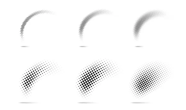 Set aus Halbton-Punkten mit geschwungenen Verlaufsmustern, die auf weißem Hintergrund isoliert sind. Kurve gepunktete Punkte mit halftone circle dot raster texture collection. Vektor-Blot Halbton-Sammlung. — Stockvektor