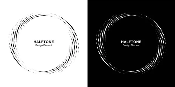 Demi-ton cercle pointillé cadre distribué circulairement ensemble. Point abstrait logo emblème élément de conception. Icône bordure ronde en utilisant la texture point demi-ton cercle. Motif de fond circulaire demi-ton. Vecteur . — Image vectorielle