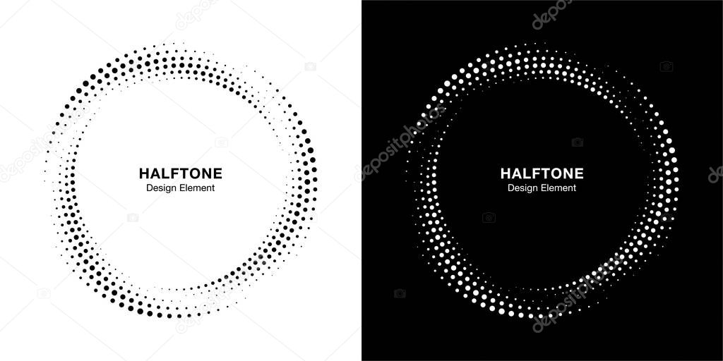 Halftone circle dotted frame circularly distributed set. Abstract dots logo emblem design element. Round border Icon using halftone circle dot texture. Half tone circular background pattern. Vector.
