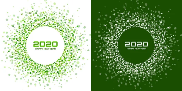 New Year 2020 night background party set. Greeting cards. Green glitter paper confetti. Glistening festive lights. Glowing circle frame happy new year wishes. Christmas green white backdrops. Vector — Stock Vector