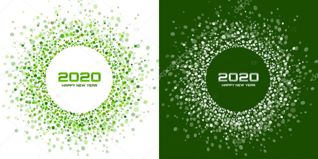 New Year 2020 night background party set. Greeting cards. Green glitter paper confetti. Glistening festive lights. Glowing circle frame happy new year wishes. Christmas green white backdrops. Vector