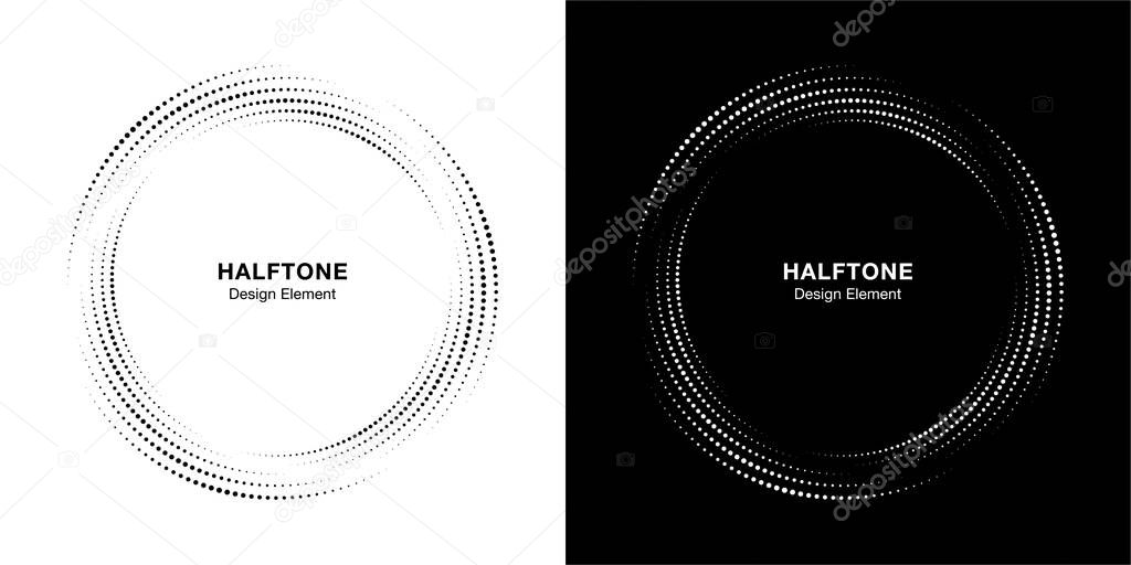 Halftone circle dotted frame circularly distributed set. Abstract dots logo emblem design element. Round border Icon using halftone circle dot texture. Half tone circular background pattern. Vector.