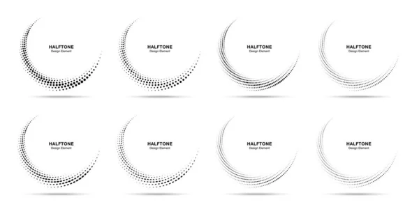 Halftone circle dotted frame circularly distributed set. Abstract dots logo emblem design element. Round border Icon using halftone circle dot pattern. Half tone circular background texture. Vector — Stock Vector