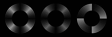 Yarım tonluk dairesel noktalı çerçeveler ayarlandı. Siyah arkaplanda izole edilmiş daire noktaları. Tıbbi, tedavi ve kozmetik için logo tasarımı. Yarım tonluk daire dokusunu kullanarak sınırın etrafından dolaş. Vektör.