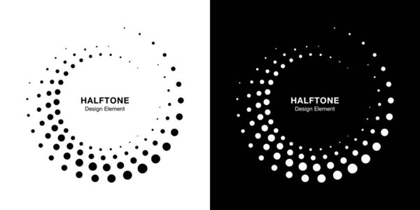 Halftone circular dotted frames set. Circle dots isolated on the white background. Logo design element for medical, treatment, cosmetic. Round border using halftone circle dots texture. Vector bw.