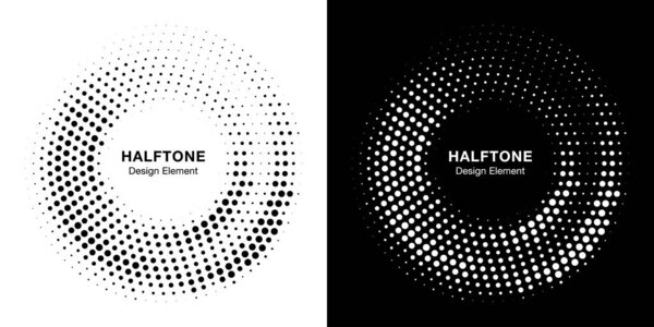 Halftone circle dotted frame circularly distributed. Vector dots logo emblem design set. Round border Icon using random halftone circle dot raster texture. Half tone circular background pattern.