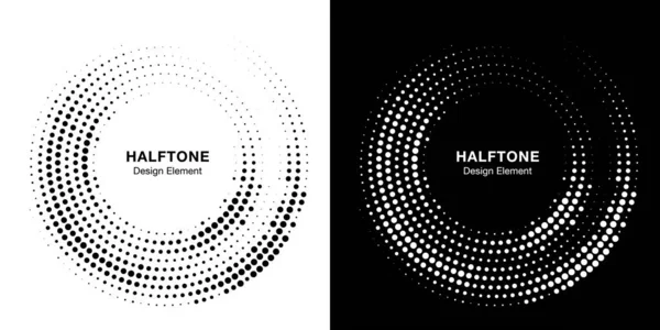 Cadre en pointillé cercle demi-ton distribué circulairement. Ensemble de conception d'emblème de logo de points vectoriels. Icône bordure ronde en utilisant la texture raster point rond demi-ton aléatoire. Motif de fond circulaire demi-ton . — Image vectorielle