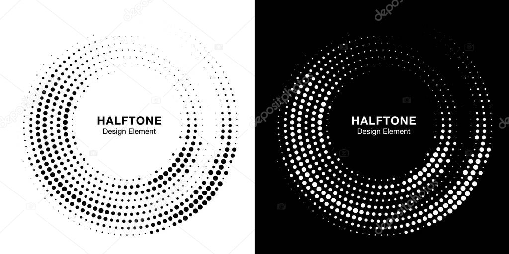 Halftone circle dotted frame circularly distributed. Vector dots logo emblem design set. Round border Icon using random halftone circle dot raster texture. Half tone circular background pattern.