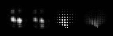Beyaz arka plan üzerinde izole yarım ton nokta eğri gradyan doku kümesi. Yarım ton daire nokta raster doku koleksiyonu kullanarak eğri noktalı noktalar. Vektör blot yarım ton koleksiyonu.