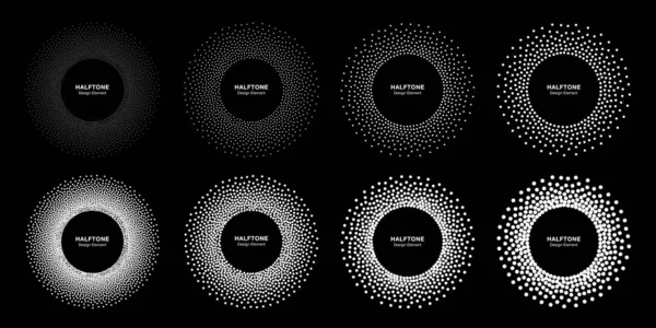 Quadro pontilhado circular do meio-tom. Círculo pontos decorativos isolados no fundo preto. Elemento de design de logotipo para médicos, tratamento, cosméticos. Borda redonda usando meio-tom círculo pontos textura. Vetor — Vetor de Stock