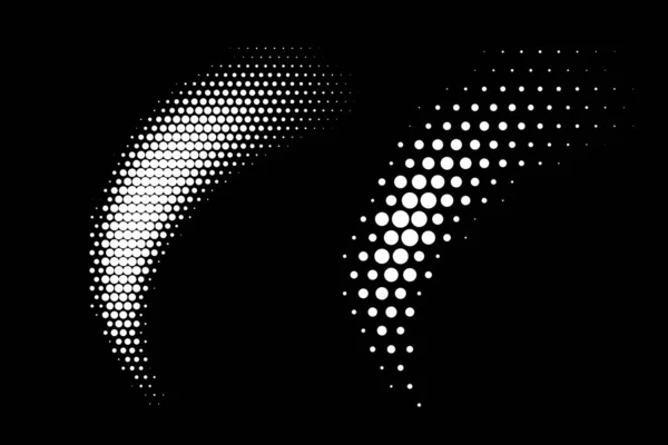 Полутоновые векторные круги рисуют градиентный рисунок, изолированный на чёрном фоне. Кривая пунктирные пятна с использованием белой половины точечной растровой текстуры. Половинная тональность . — стоковый вектор