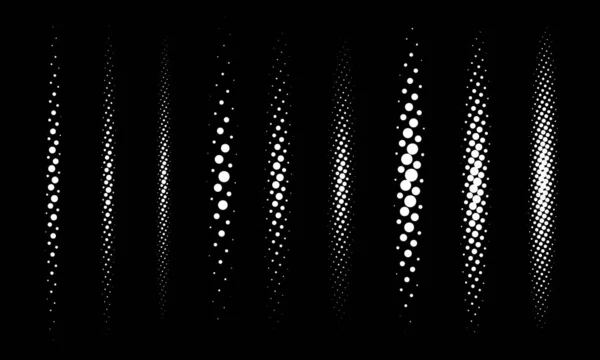 Halftone vector divider lines set. Circle dots linear gradient pattern textures isolated on black background. Straight dotted spots using halftone circle dot raster texture. Lineal blot half tone. — Stock Vector