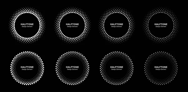 Halvton vektor cirkulära prickiga ramar som. Cirkelprickar isolerade på den svarta bakgrunden. Logotypdesignelement för medicinsk, behandling, kosmetika. Rund gräns med halvcirkel prickar konsistens. — Stock vektor
