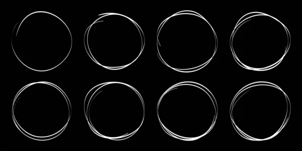 Hand drawn circles sketch frame set. Rounds scribble line circles. Doodle circular white logo design elements isolated on black background. Vector illustrations. — Stock Vector