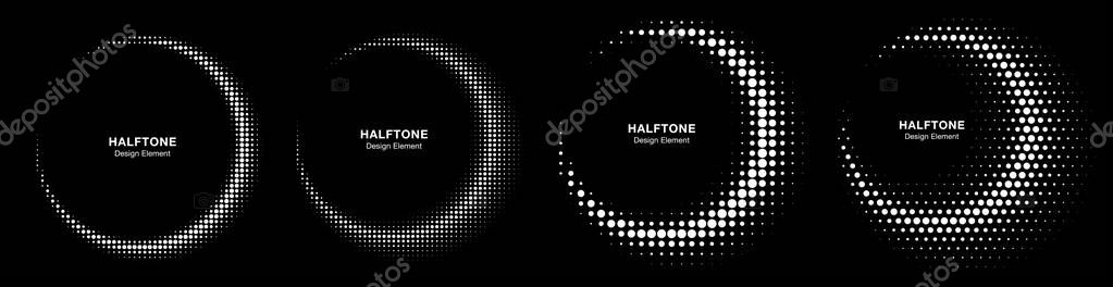 Halftone dots circle frame abstract dots logo emblem design element set. Half moon. Round border Icon using halftone circle dotted raster texture on black background. Vector collection.