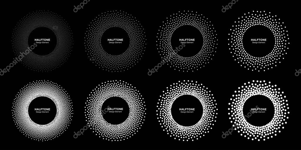 Halftone circular dotted frame. Circle decorative dots isolated on the black background. Logo design element for medical, treatment, cosmetic. Round border using halftone circle dots texture. Vector