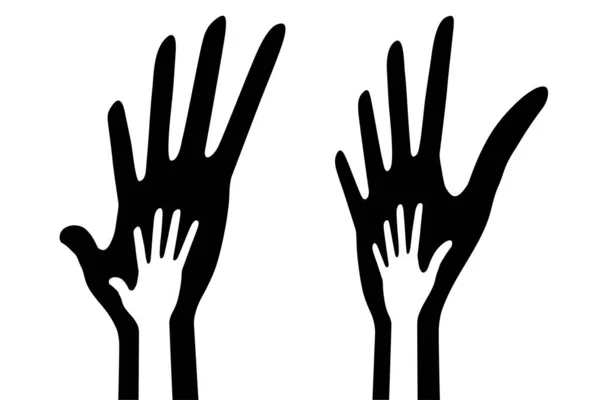 Ikone der großen und kleinen Hand in der Perspektive. Vektor-Illustrationsset. Hilfe-Symbol. Unterstützen Sie Emblem. Eltern-Kind-Hände. Vektor-Logo für Bildung, Gesundheit, Medizin. — Stockvektor