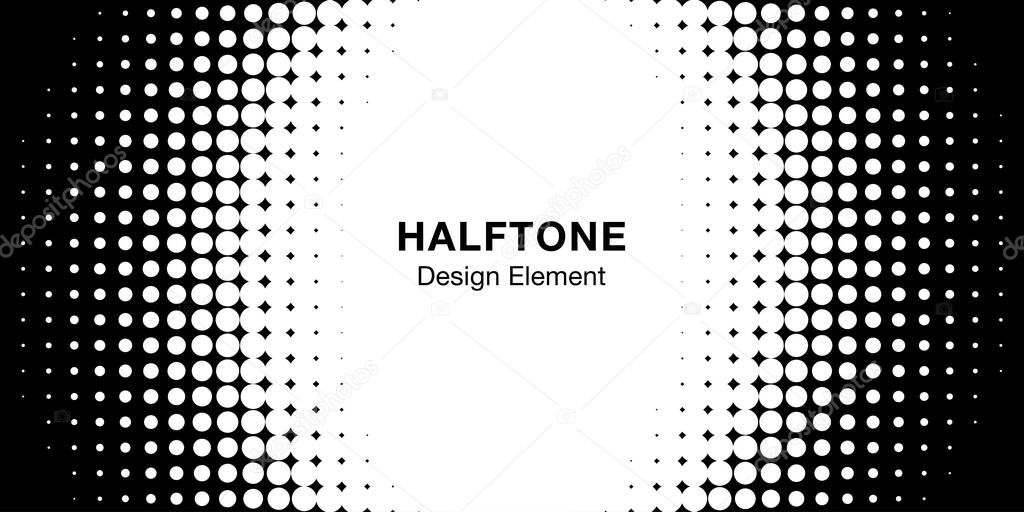 Halftone circle frame horizontal background. Black circular border using halftone dots texture. Vector illustration.