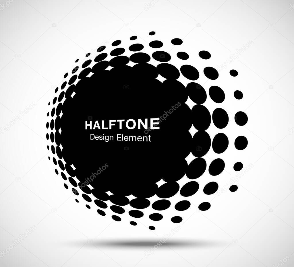 Halftone circle perspective frame abstract dots logo emblem design element for technology, medical, treatment, cosmetic. Round border Icon using halftone circle dots raster texture. Vector.
