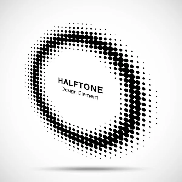 Halftone círculo perspectiva quadro pontos abstratos logotipo emblema elemento de design para a tecnologia, médico, tratamento, cosmético. Ícone de borda redonda usando meio-tom círculo pontos raster textura. Vetor. — Vetor de Stock