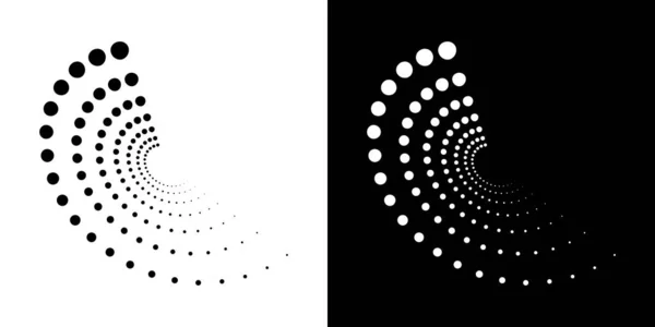 Білий напівтоновий круглі плямисті знаки. Коло крапок емблеми ізольовані на чорному тлі. Елемент дизайну логотипу для медицини, лікування, косметики. Форма равлика з використанням текстури півтонових крапок кола. Векторні — стоковий вектор