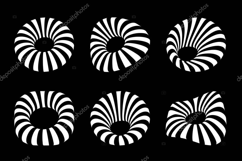 White 3d circular striped frames set. Three dimensional stripy distort shapes isolated on the black background. Logo design element for technology, medical. Round border line stripes texture. Vector