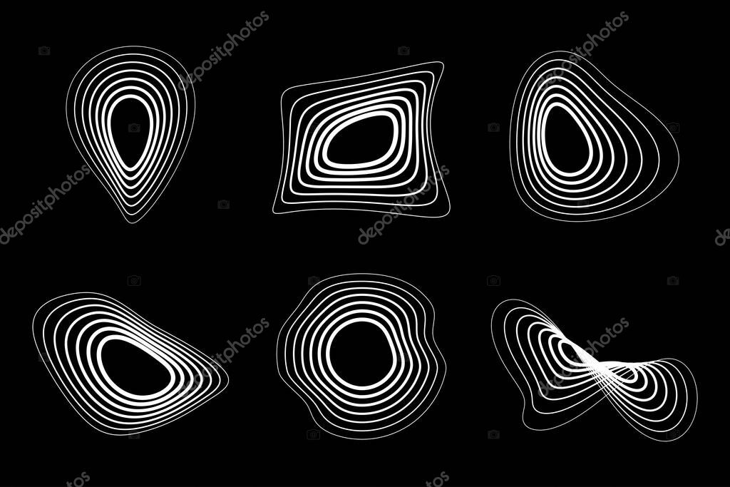 White 3d circular striped emblem set. Three dimensional stripy distort shapes isolated on the black background. Logo design element using line stripes texture. Location icon. Map pointer. Vector