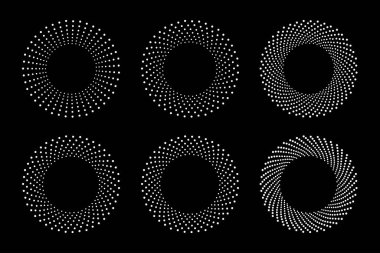 Beyaz yarım tonlu dairesel noktalı çerçeveler ayarlandı. Siyah arkaplanda izole edilmiş daire noktaları. Tıbbi, tedavi ve kozmetik için logo tasarımı. Yarım tonluk daire dokusunu kullanarak sınırın etrafından dolaş. Vektör