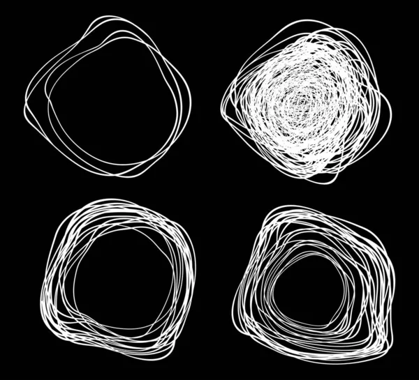 Set of vector hand drawn distorted circles using sketch drawing scribble distort circle lines. Doodle circular logo design elements. — Stock Vector