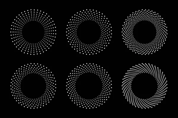 Белый полутоновый круговой пунктирный набор рамок. Круговые точки изолированы на черном фоне. Элемент дизайна логотипа для медицины, лечения, косметики. Круглая граница с использованием полутоновой круглой текстуры. Вектор — стоковый вектор