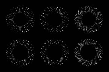 Beyaz yarım tonlu dairesel noktalı çerçeveler ayarlandı. Siyah arkaplanda izole edilmiş daire noktaları. Tıbbi, tedavi ve kozmetik için logo tasarımı. Yarım tonluk daire dokusunu kullanarak sınırın etrafından dolaş. Vektör