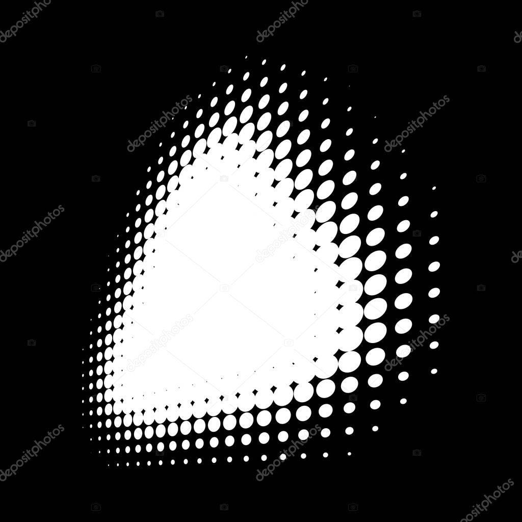 Halftone white triangle perspective frame abstract dots logo emblem design element for technology, medical, treatment, cosmetic. Triangle border Icon using halftone circle dots raster texture. Vector.