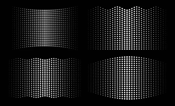 Meio-tom branco ondulado distorcido gradiente círculo pontos fundos definido. Horizontal distorcer modelos ondulados usando meio-tom pontos padrão. Ilustração vetorial. — Vetor de Stock