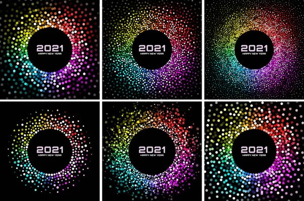 New Year 2020 night background party set. Greeting cards. Rainbow glitter paper confetti. Glistening festive rainbow lights. Glowing circle frame happy new year wishes. Christmas collection. Vector — Stock Vector