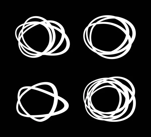 Von weißer Hand gezeichnete Kreissymbole. Skizzieren Sie das Zeichnen von kritzeligen Kreislinien. Gekritzelte kreisrunde Logo-Designelemente. Vektor — Stockvektor