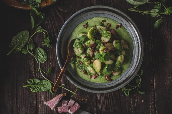 Gnocchi Sosem Szpinakowym Boczkiem Bazylią Fotografii Delish Żywności Jedzenie Reklama — Zdjęcie stockowe