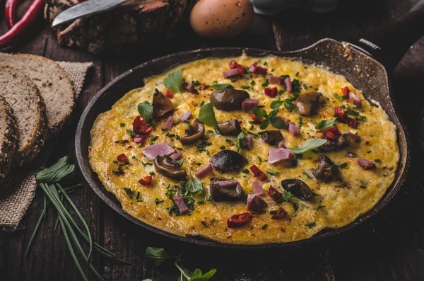 Frisches Omelett Eingelegte Pilze Und Chili Kräuter Obendrauf — Stockfoto