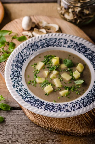 Sopa Ajo Champiñones Papa Montón Hierbas Interior —  Fotos de Stock