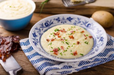 Patates püresi, taze ot ve fotoğrafçılıkta, gıda, hisse senedi gıda fotoğraf gevrek domuz pastırması