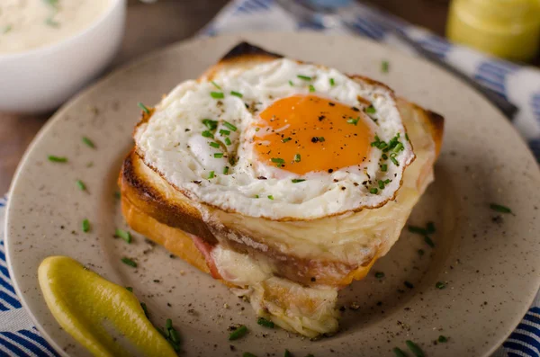 Sandwich Croque Madame Cuisine Délicieuse Photographie Culinaire — Photo