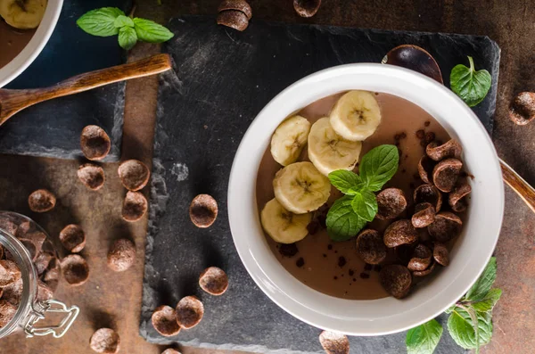 Chocolate Pudding Banana Herbs Food Photography Product Photo — Stock Photo, Image