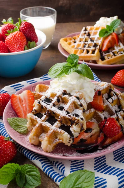 Waffles Berries Strawberries Chocolate Top Mint — Stock Photo, Image