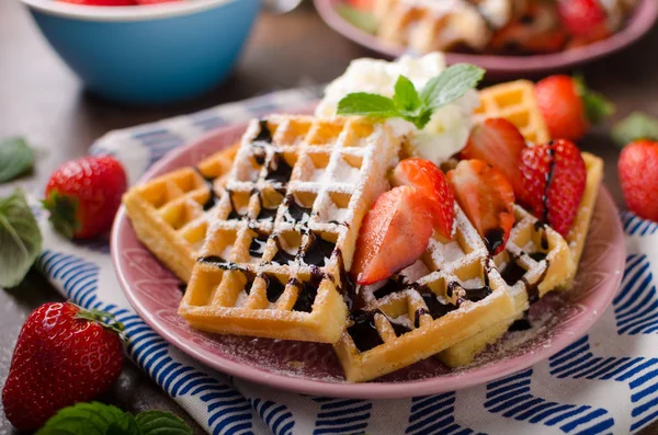 Waffles Berries Strawberries Chocolate Top Mint — Stock Photo, Image