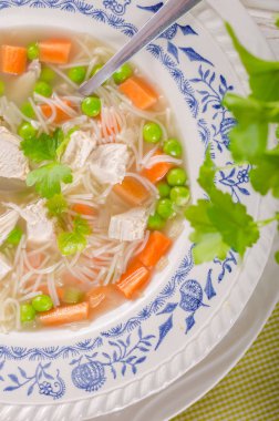 Bahar tavuk çorbası erişte, sebze ve tost, gıda Fotoğrafçılık, taze ve sağlıklı çorba