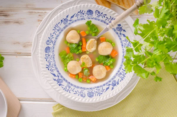 Supă Proaspătă Legume Găluște Pui Fotografie Alimentară — Fotografie, imagine de stoc