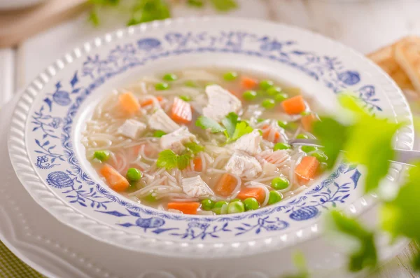 Spring Chicken Soup Noodles Vegetable Toast Food Photography Fresh Healthy — Stock Photo, Image