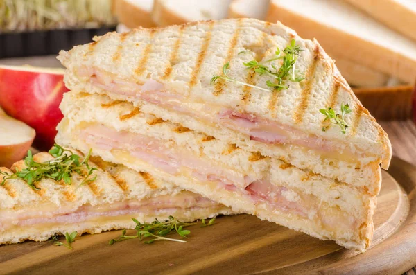Panini peynir jambon tost, geri shool sandviç, gıda fotoğrafçılığı için taze elma