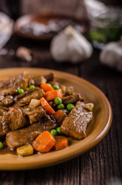 Domuz eti madalyon ile sarımsak sebze ve soya sosu, gıda Fotoğrafçılık, taze ingredience