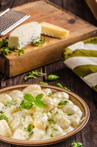 Cheese gnocchi with blue cheese sauce and galic, herbs on top, delish food